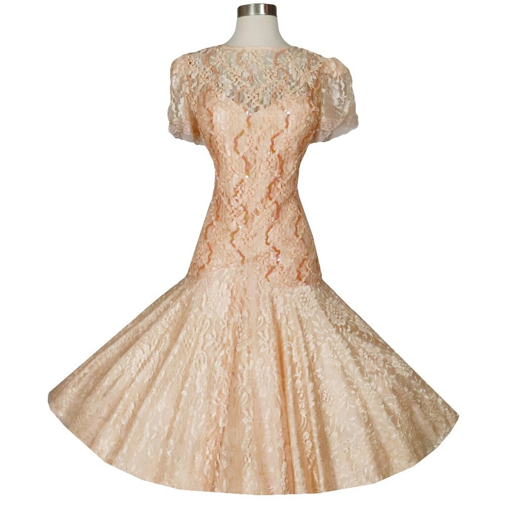 Vintage 80s 20s Peach Lace Ribbon Sequin Drop Waist Prom Flapper Party Dress M